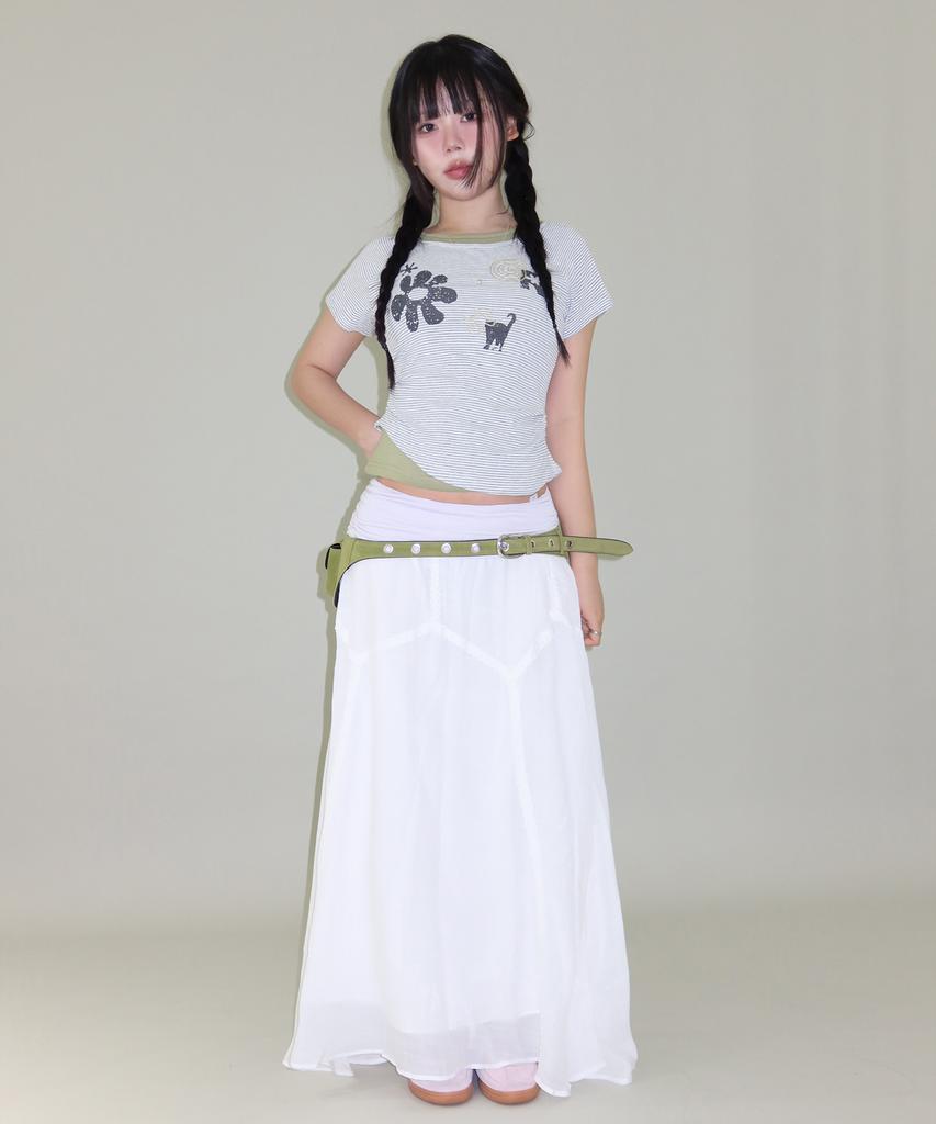 LMR Motif Embroidered Striped Layered T-Shirt Green