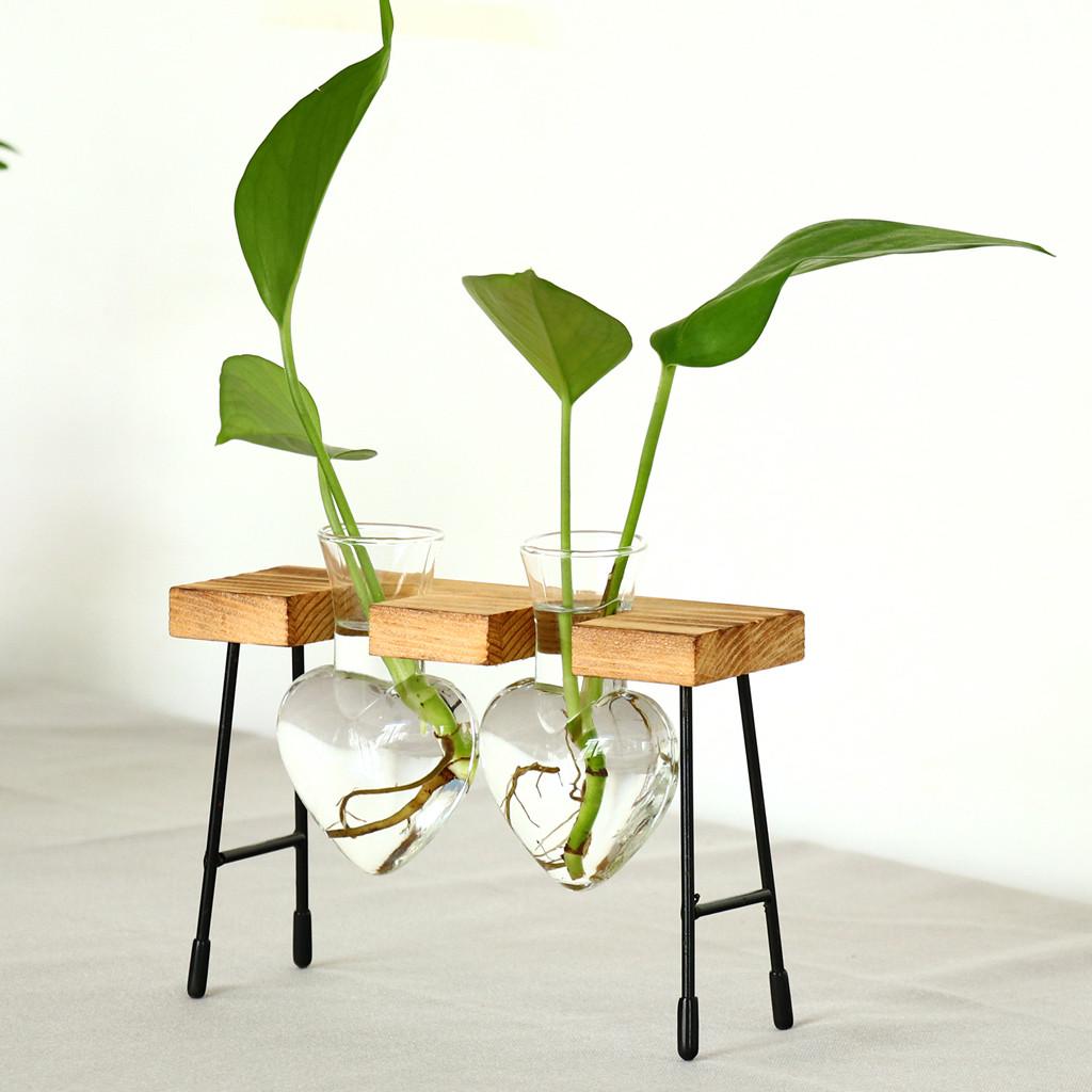 Heart Shape Glass Hydroponic Vase Flower Plant Pot Wooden Tray Desk Decoration