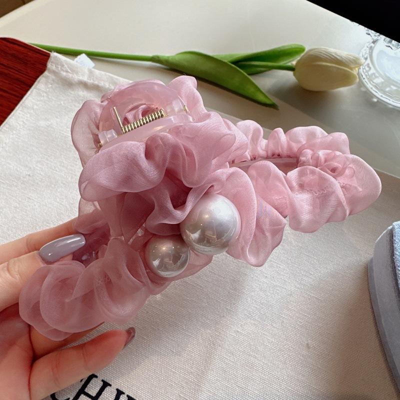 Summer Crinkle Chiffon Pearl Hair Claw Clip, Elegant Oversized Mesh Hair Clip for Women Accessoires Femme Hair Clips for Girls
