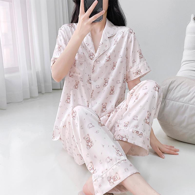 Women's 2025 Ice Silk Pajamas: Summer Thin, Loose Fit, Short Sleeve & Long Pants Set for Spring/Autumn