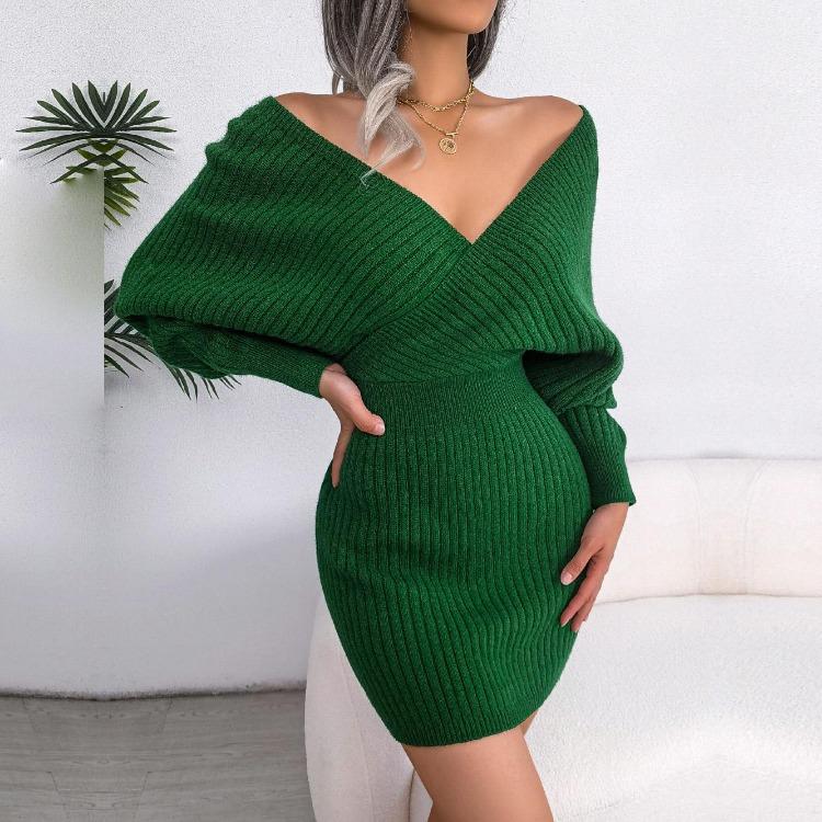 Woolen Wrap Dress Sexy Cross V Neck Batwing Sleeve Solid Color Winter Autumn Hip