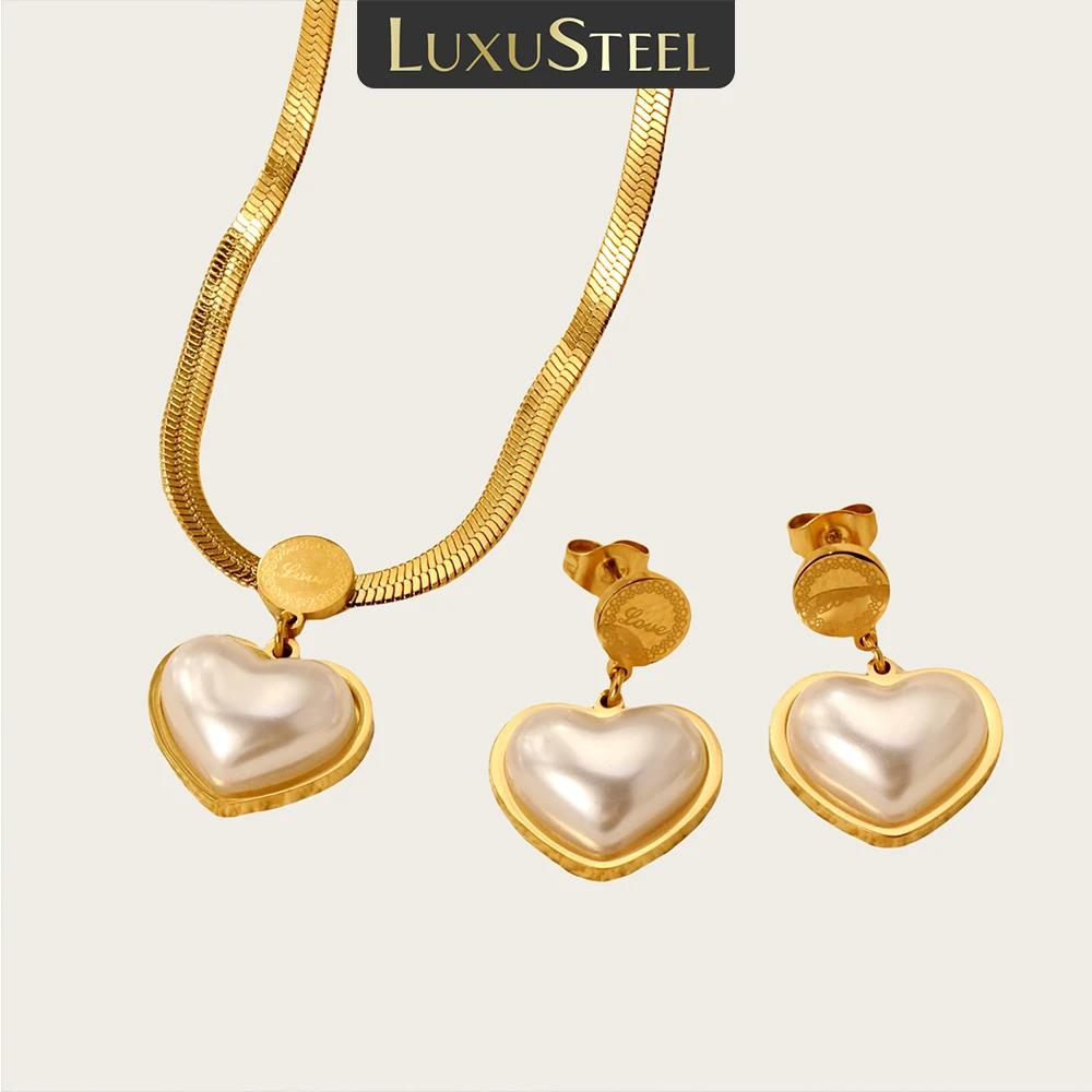 LUXUSTEEL Heart Shaped Pendants Necklace Earring Sets Imitaiton Zircon For Women Girl Stainless Steel Chain Necklace Zircon Gift