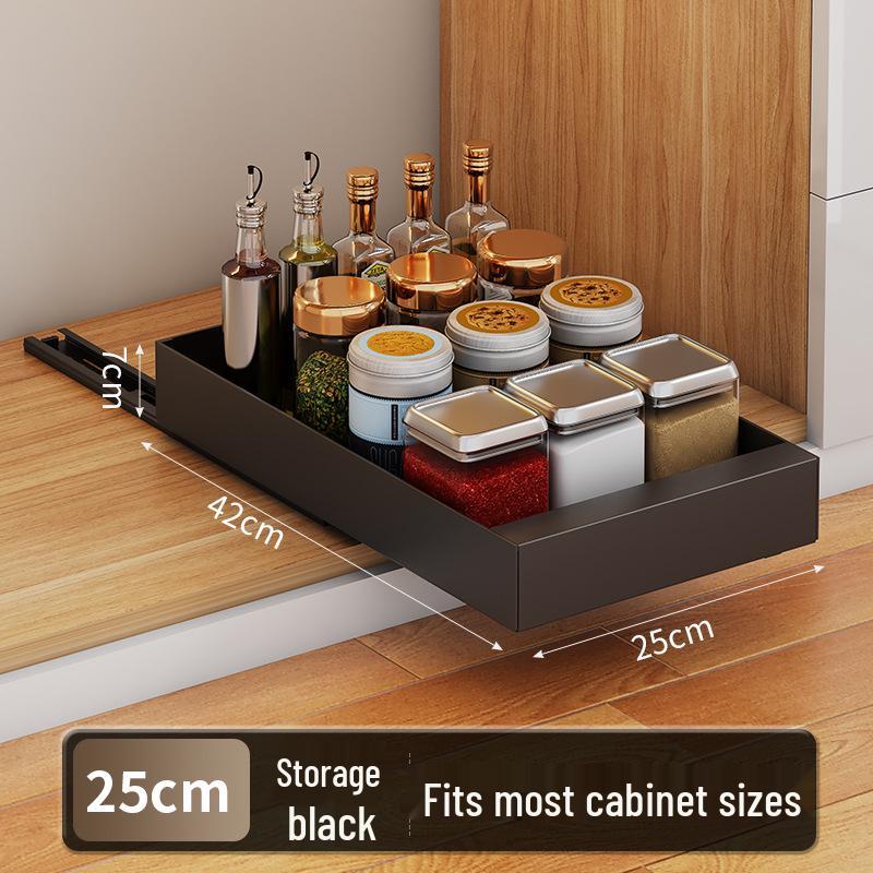 

Retractable Kitchen Cabinet Pull-Out Storage Rack for Dishes, Cookware, and Seasonings.
