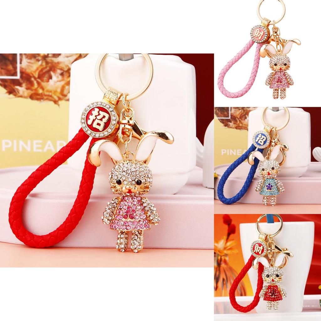 Cute Creative Metal Rabbit Keychain With Rhinestone Flower Dress For Women Gifts