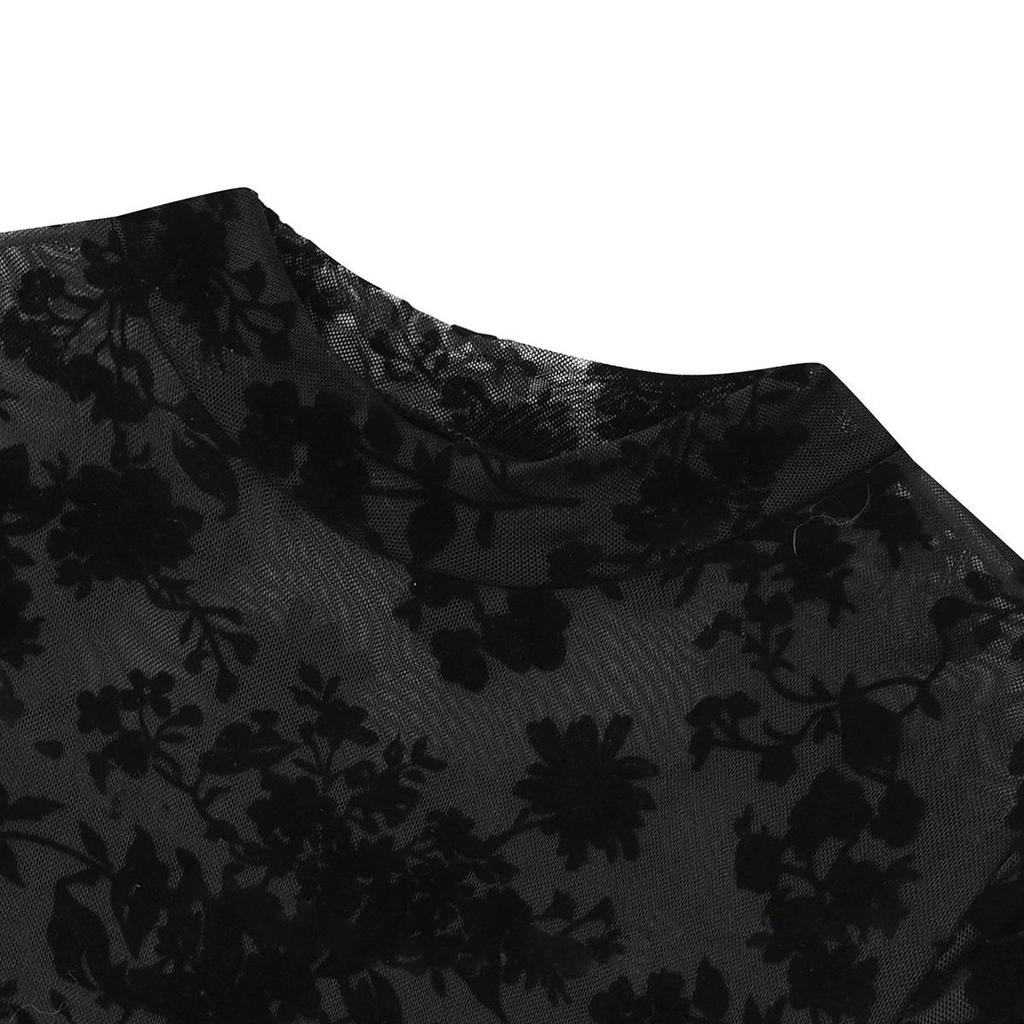 Sexy Slim Fit Long-Sleeve Lace Mesh Print Bodysuit 10804