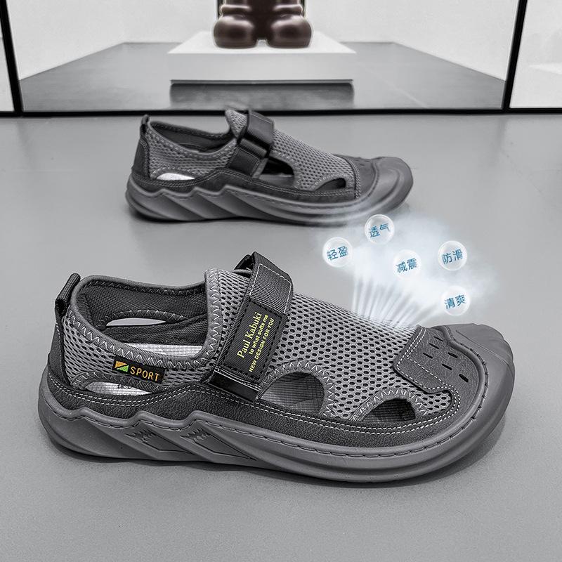 Men's 2024 Summer Genuine Leather Mesh Sandals - Breathable Soft Sole Casual Beach Shoes