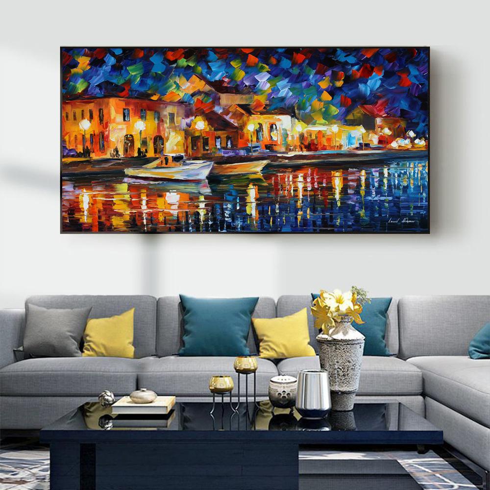Nordic Landscape Oil Painting Harbor Sailboat Watercolor Art Canvas Painting Living Room Corridor Office Home Decoration Mural No Frame