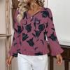Women's Casual Fashion Ruffled V-Neck Pocket Floral Print Long Sleeve Top