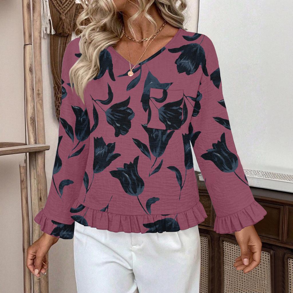 Women's Casual Fashion Ruffled V-Neck Pocket Floral Print Long Sleeve Top