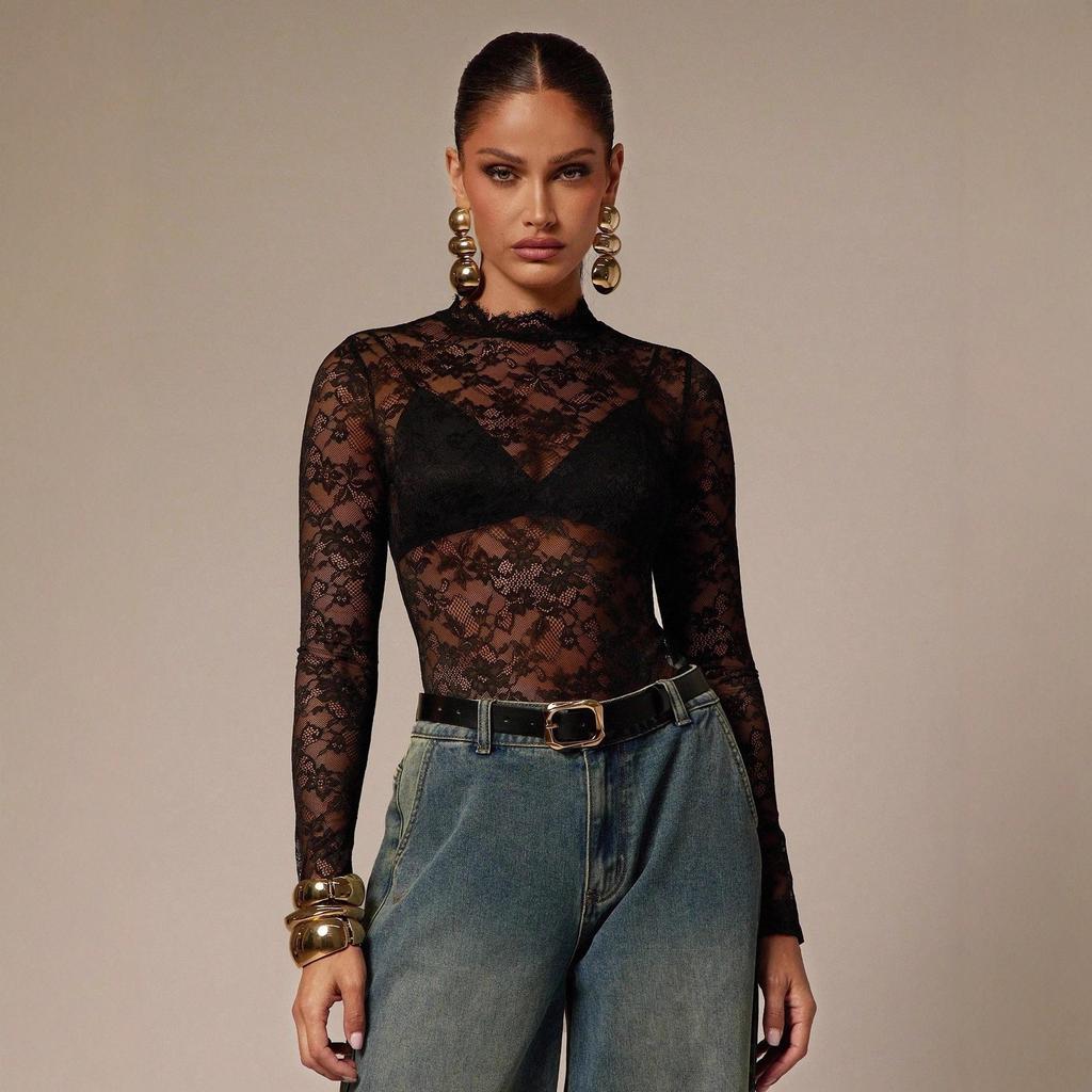 Ladies Spring Autumn Long Sleeve Stand Collar Lace Bodycon Romper T Shirt Top