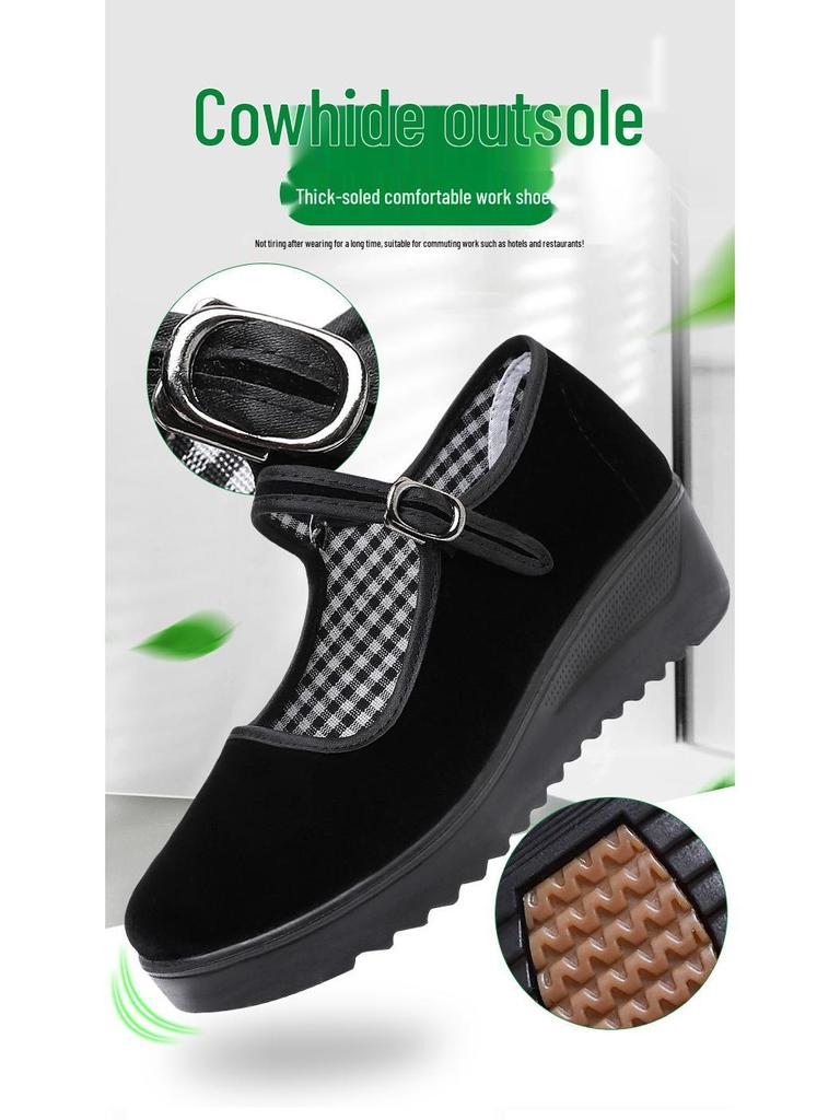 Women's Height-Increasing Non-Slip Work Shoes: Old Beijing Style, Thick-Sole Comfort, Sponge Cake Sole, Ideal for Hotel Staff