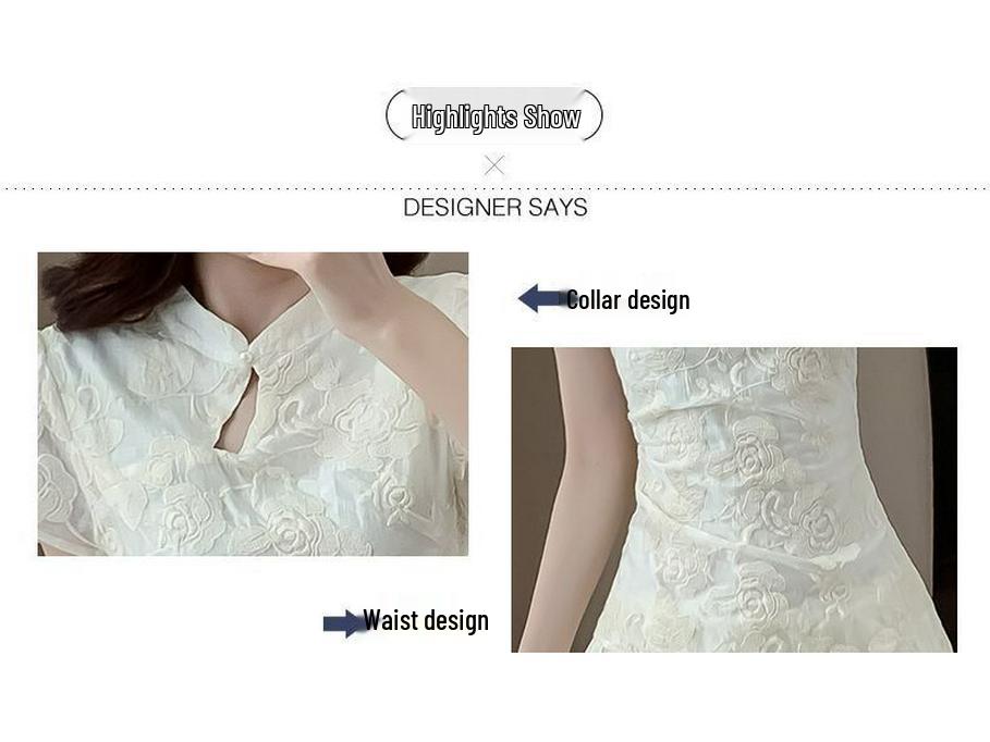 Zen-Style Jacquard Stand Collar Short Sleeve Irregular Chiffon Tea Dress