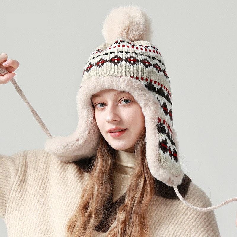 Chapeau d'hiver péruvien pour femme, bonnet couvrant les oreilles avec cache-oreilles, doublure Sherpa, bonnet de ski/neige en tricot doublé polaire
