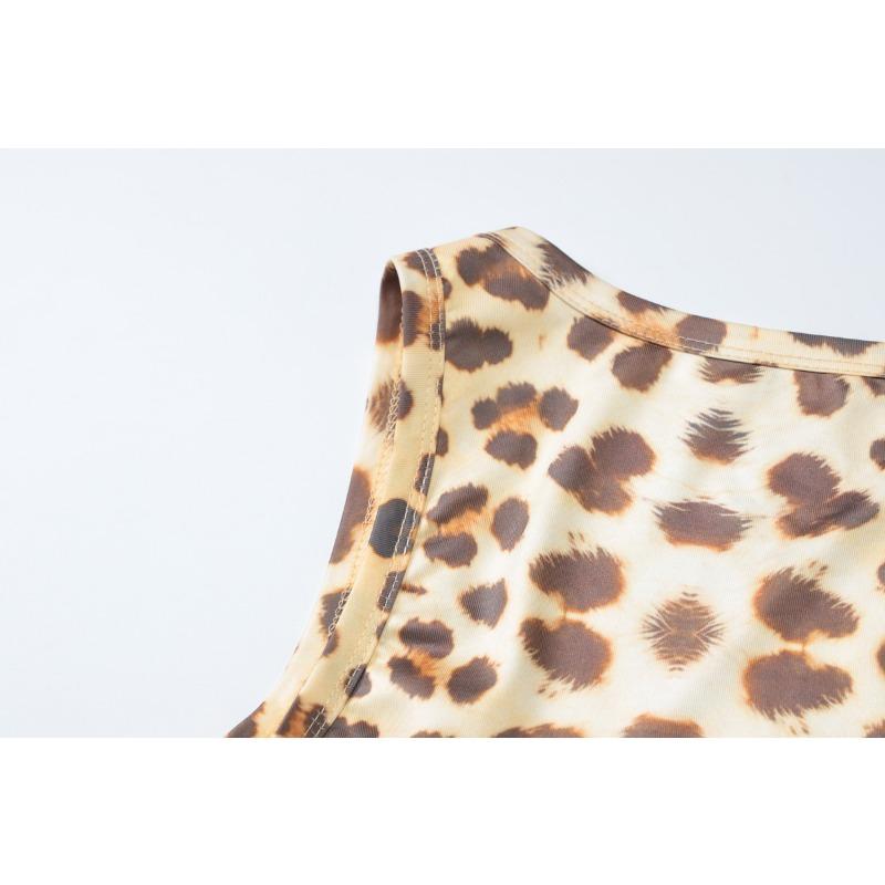 Robe moulante sans manches à imprimé léopard et col carré en dentelle, style sexy et tendance, pour femme