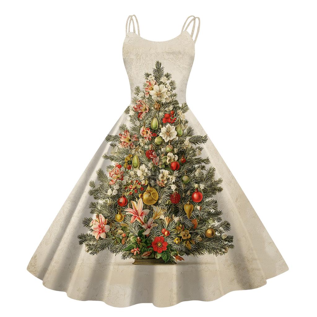 Women's Fashion Casual Christmas Print Sexy Off-the-shoulder Punk Retro Dress