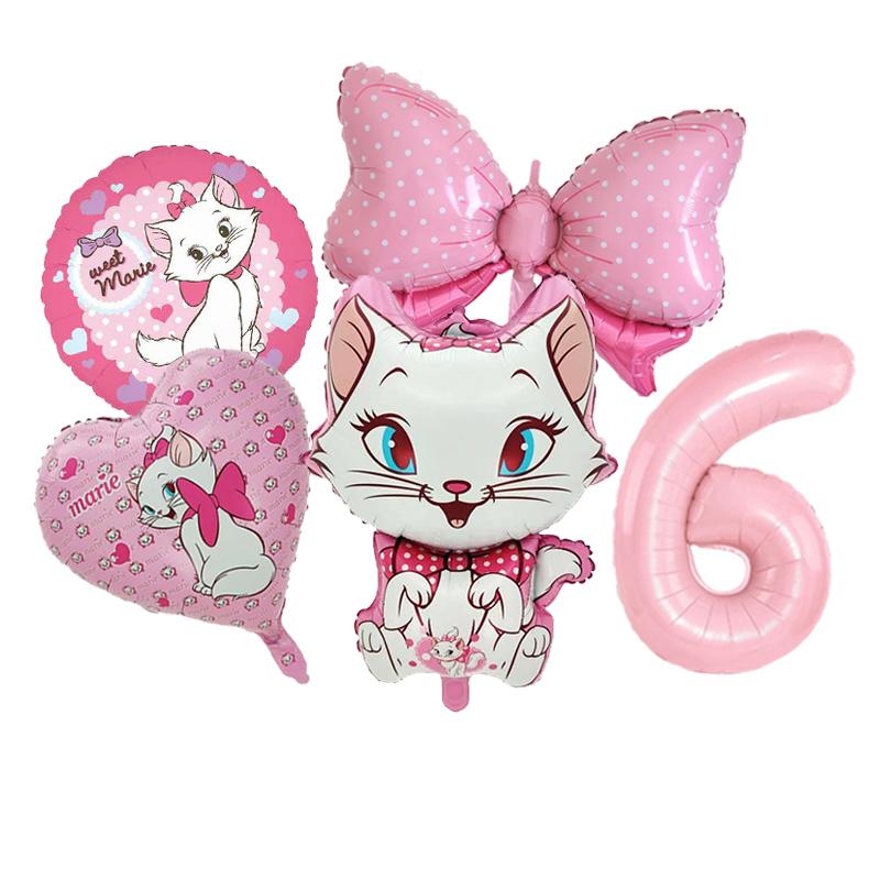 5pcs Marie Cat Bow Balloons Pink Girls Birthday Party Balloons Decoration Cartoon Marie Cat Animal Pet Balloon Baby Shower Decor