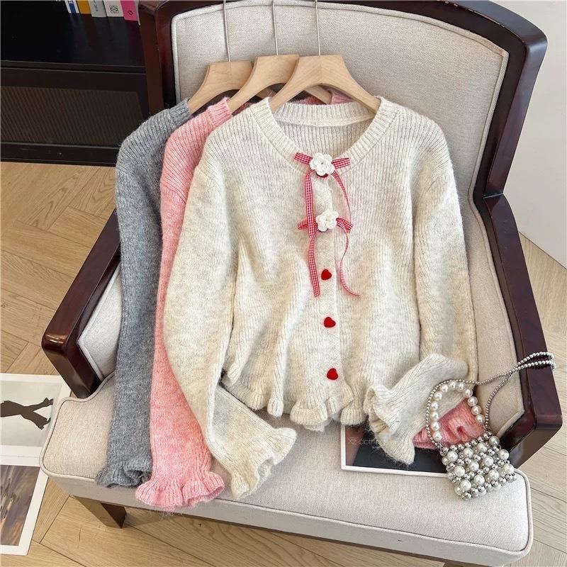 Women Korean Sweet Style Bowknot Knit Cardigan With Lace Trim And Heart Buttons Autumn Winter