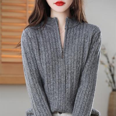 Semi-high Neck Knitted Zipper Cardigan for Women's Spring and Autumn New Thick Drawstring Long-sleeved Knitted Sweater Coat