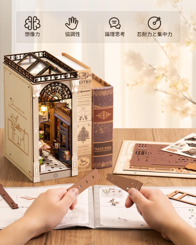 ROBOTIME Book Nook DIY 3D Puzzle Wooden Handmade Miniature Dollhouse Kit with Book Assembled Bookshelf LED Switching Miniature Mini Can Be Assembled