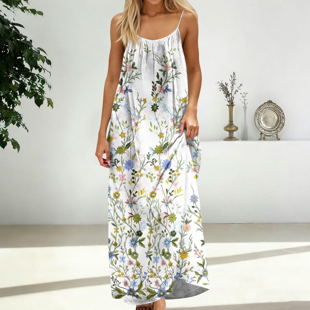 Women's Fashion Backless Spaghetti Strap Casual Loose Floral Print Dress