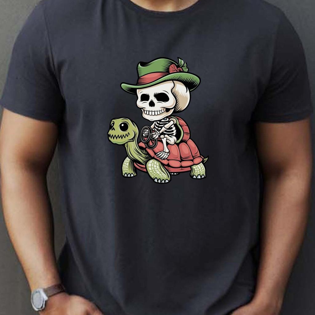 Skeleton Riding Turtle Graphic Print Cotton Casual Round Neck Mens TShirt Breathable Short Sleeve Tee