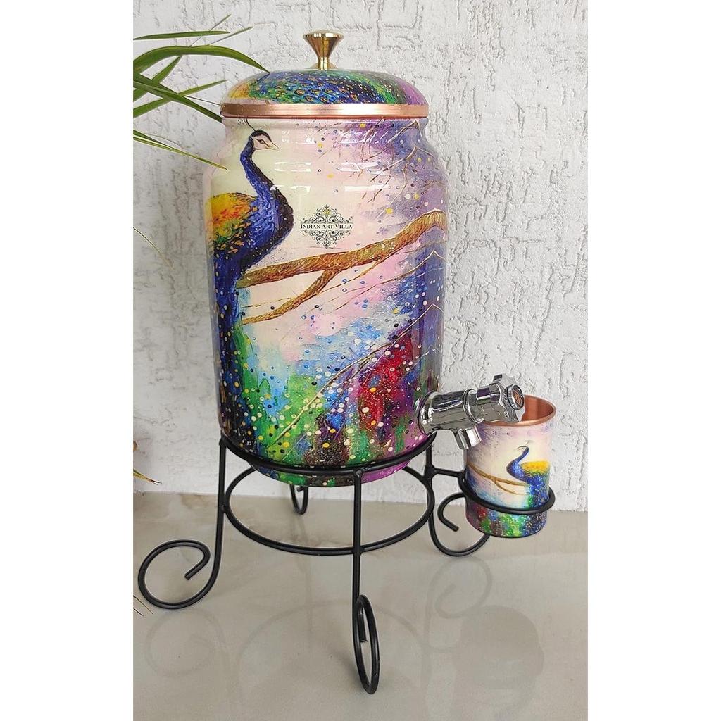 Pure Copper Peacock Printed Design Water Pot Heavy Gauge with Brass Tap & Copper Glass & Stand, Storage & Serving Water, Volume- 5 Liters