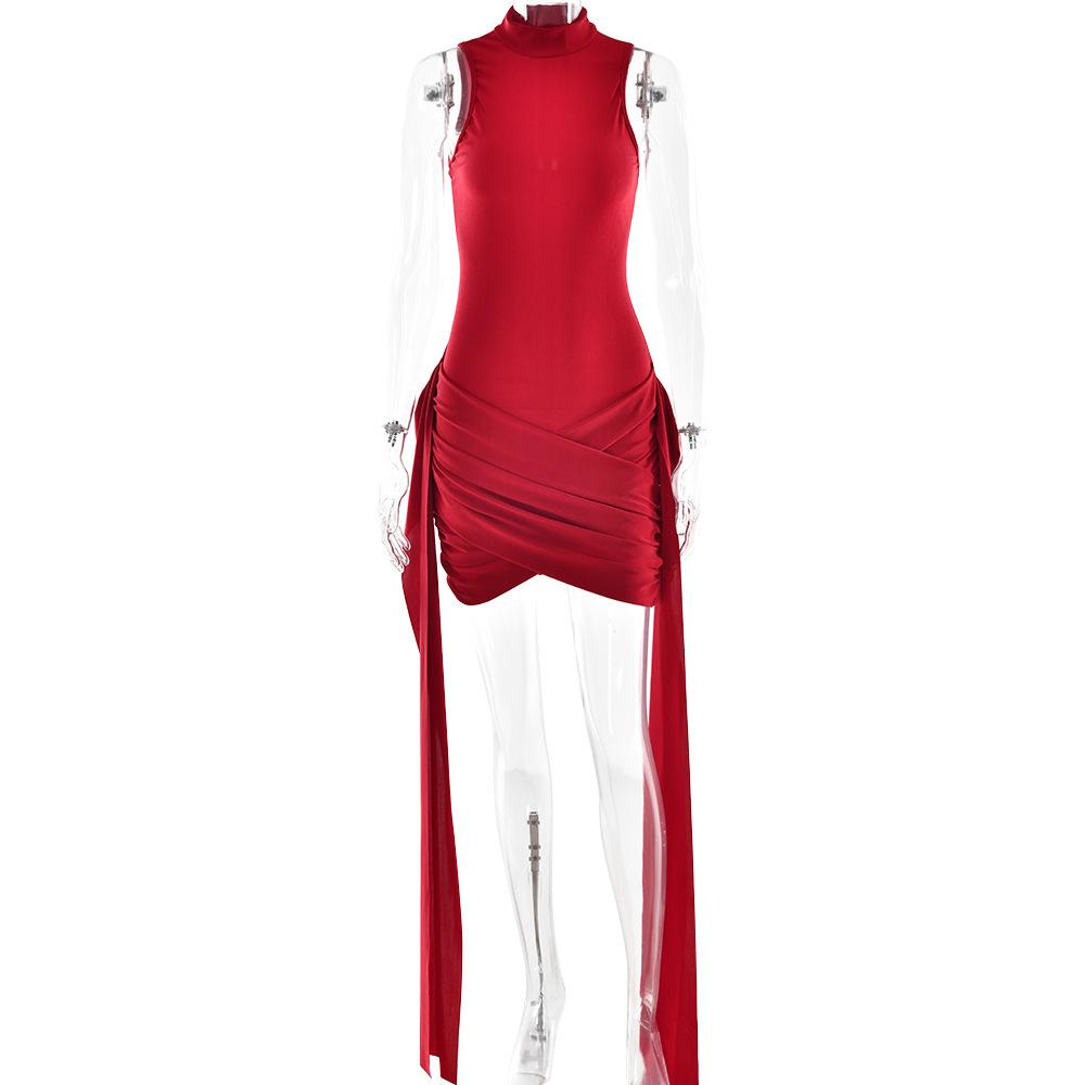 Elegant Sleeveless High Neck Elastic Slim Lace Up Dress Women Tight Party Evening Dress Elegant Short Dress