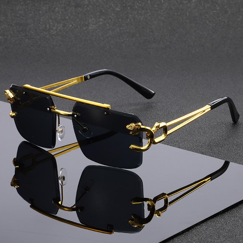 New European and American personalized box frameless double beam leopard head sunglasses fashionable driving sunscreen sunshade glasses