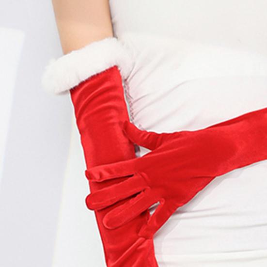 1 Paar Lange Samthandschuhe für Damen Ellbogenlang Rot Formelle Handschuhe mit Kunstpelzbesatz für Oper Halloween Cosplay Party Verkleidungszubehör