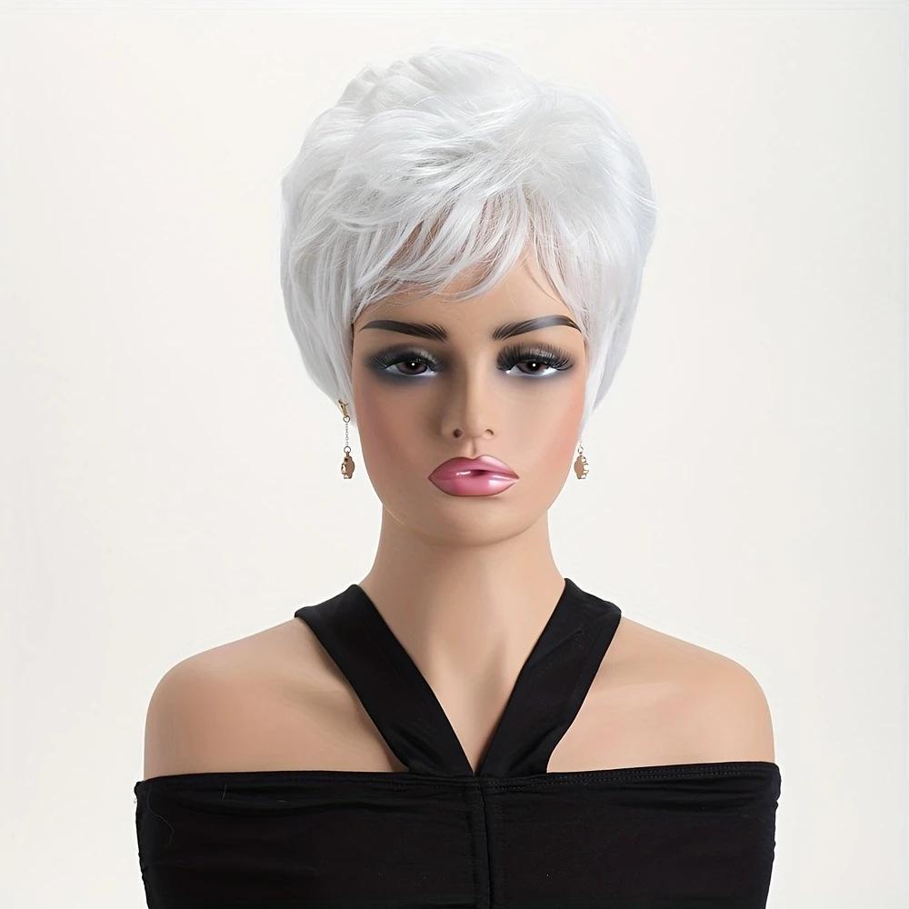 Peluca Sintética Blanca Plateada Corta Recta para Mujer, Fibra de Alta Temperatura, Raya Lateral para Mujeres de Mediana Edad, Gorro Ajustable para Uso Diario, Stock Disponible