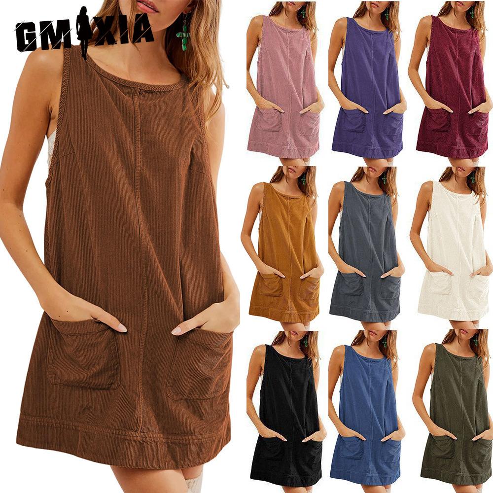 GMXIA Women's Fashion Summer Spring Solid Color Print Sleeveless O-Neck Casual Dresses