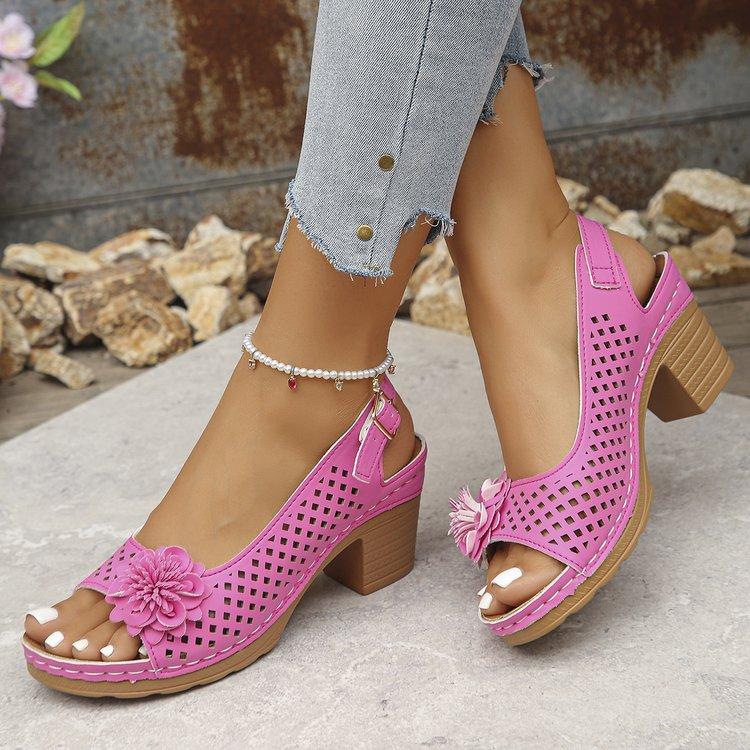 Large Size Floral High-heeled Sandals for Women Fashionable and Casual Buckle with Solid Color Roman Sandals