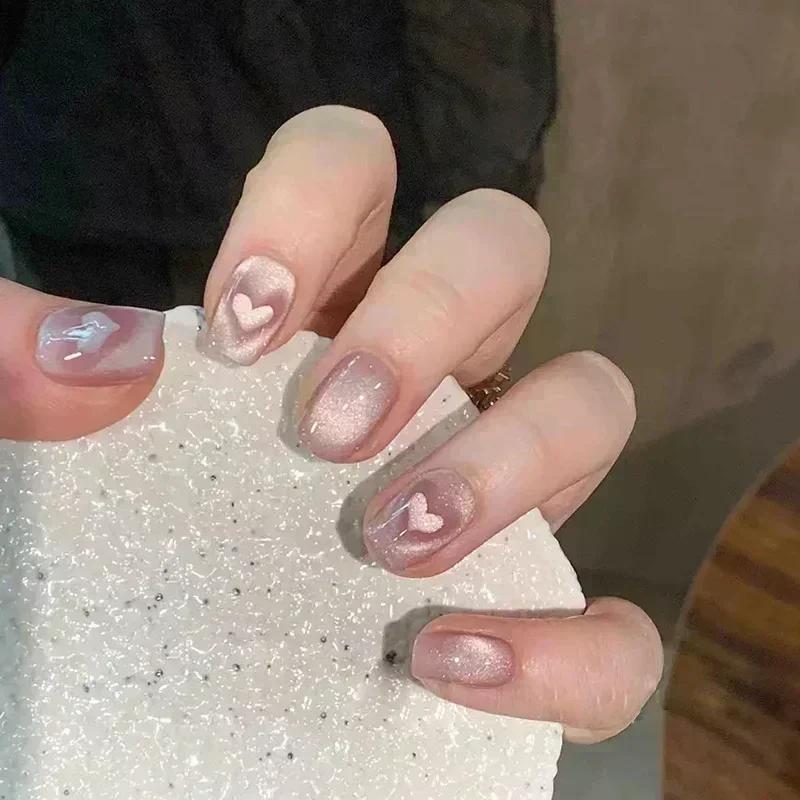 24 Stück Niedliche Girly Kurze Quadratische Falsche Nägel Süße Weiße Französische Nägel Glitzer Stern Strasssteine Nagelkunst Katzenauge Schleife Press-On Nägel
