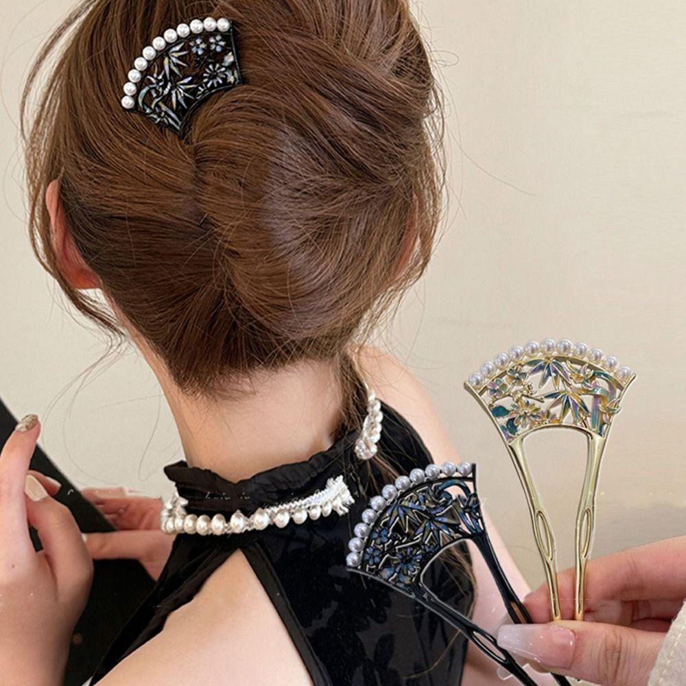 Pearl Fan Hair Stick U-shaped Hanfu U Shape Hairpin Antique   For Girl