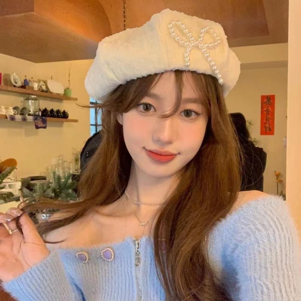 Street Style Pearls Bow Soft Hat Y2K Women Artist Hat Simple Lace Berets Cap  School