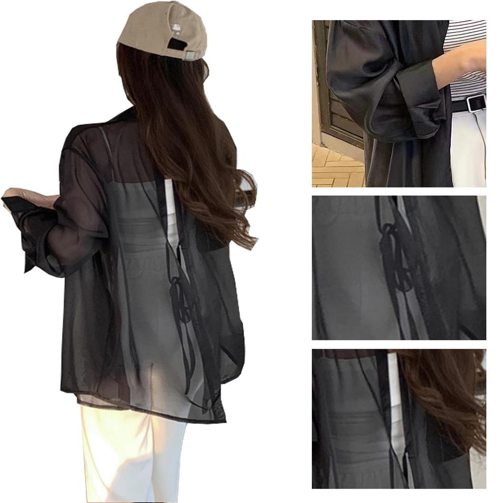 Yuoku Sheer Summer Long Loose UV Lightweight Shirt with Back Sun Shiny Sheer One Size Fits Women's Shirt, Blouse, Sleeve, Fit, Casual, Protection,