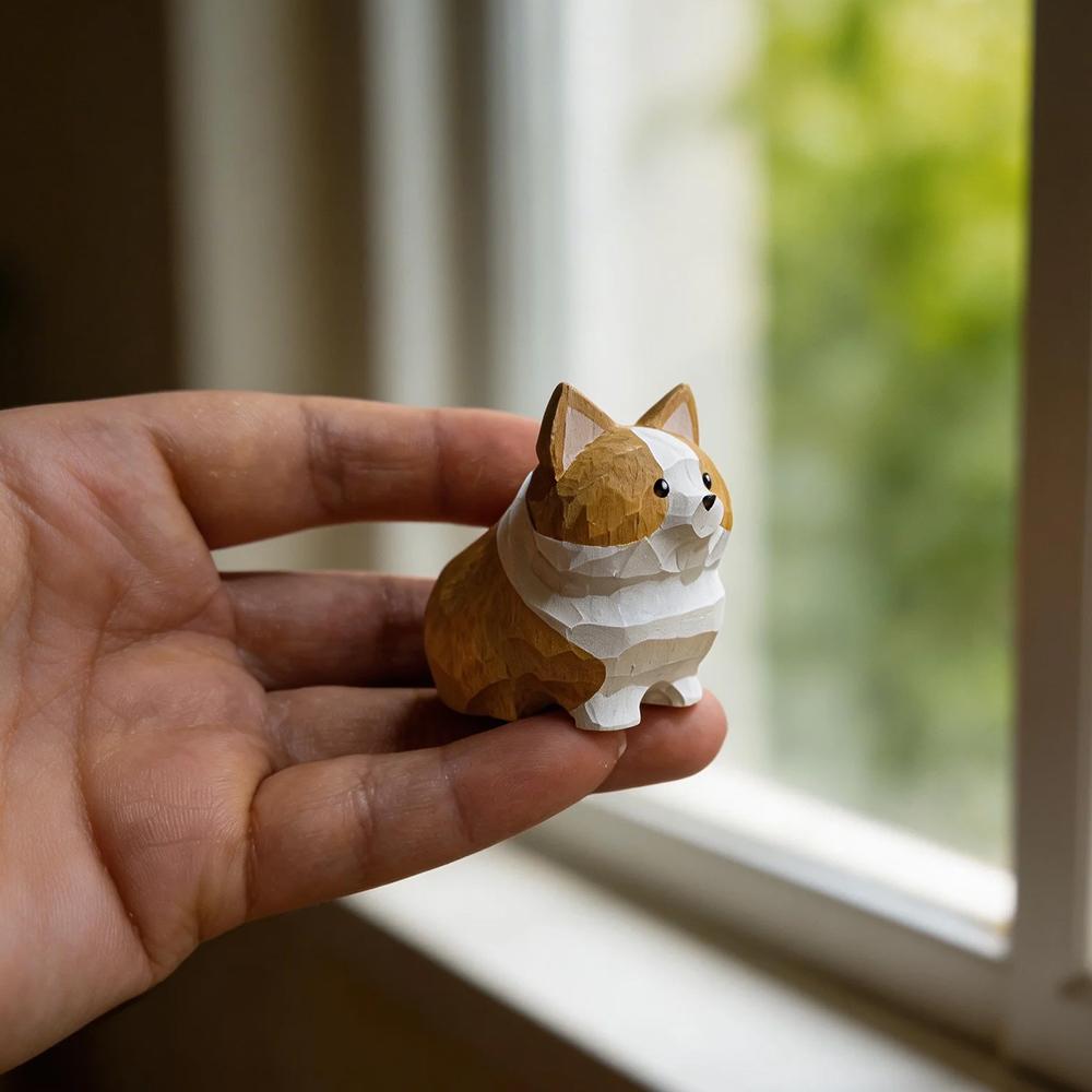 Hand Carved Decorative Wooden Corgi Figurine Mini Cute Dog Animal Statue Ornament Sculpture Home Desk Decor Gift for Dog Lovers