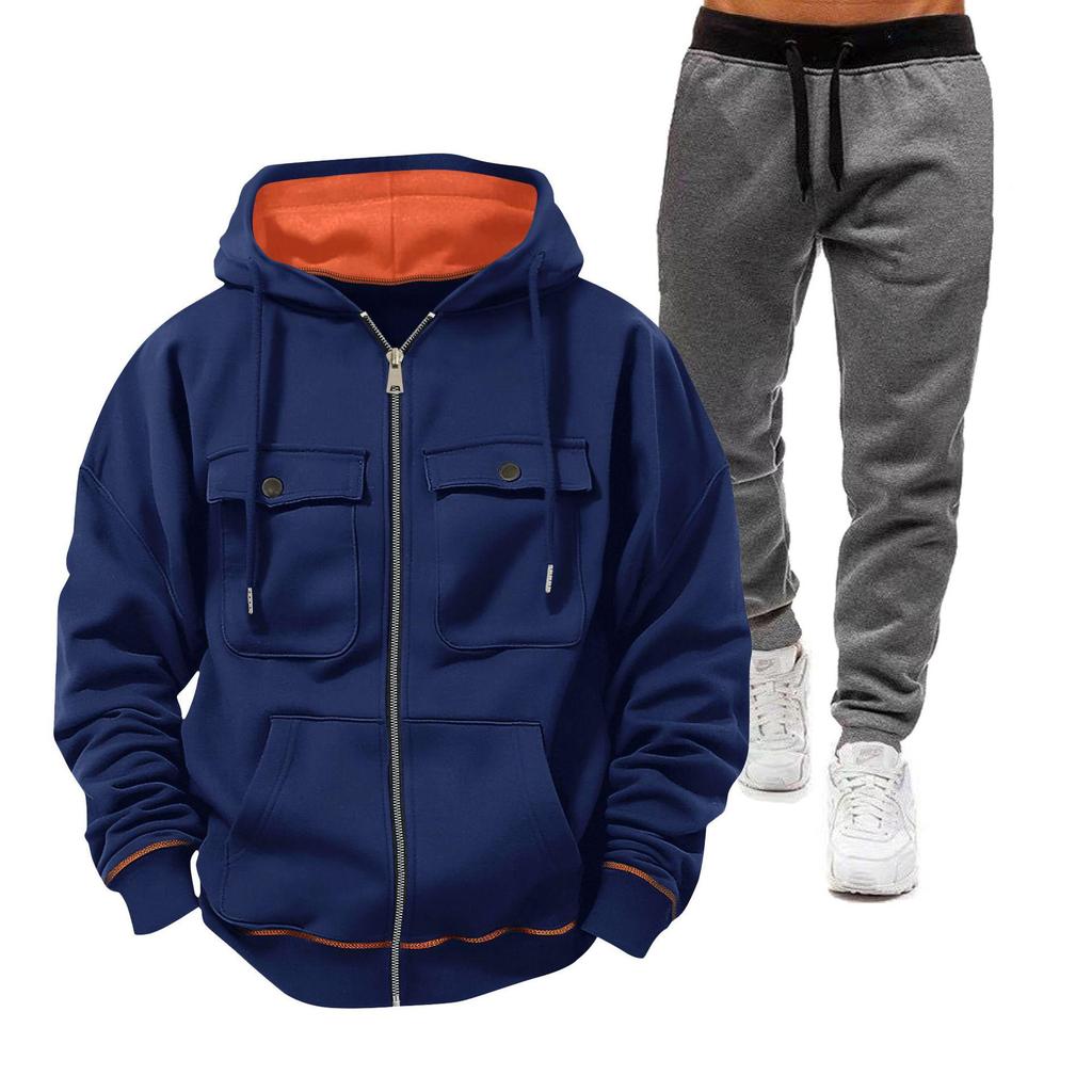 Men's European Size Hooded Sweatshirt Set: Zip-Up Fleece-Lined Jacket with Double Pockets for Sports and Casual Wear.