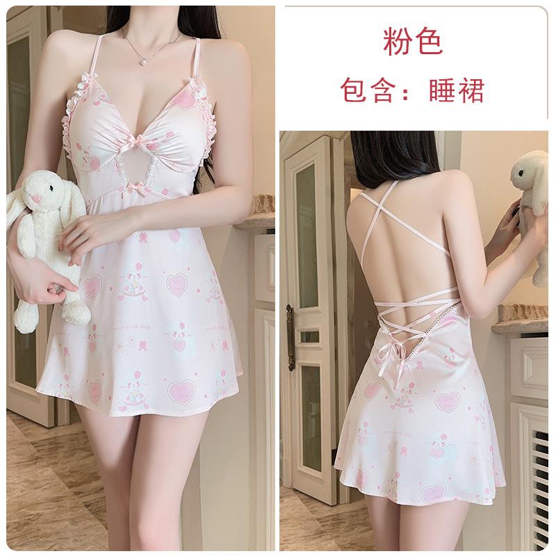 Women's Silky Cartoon Print Padded Backless Sleep Dress Lingerie Set