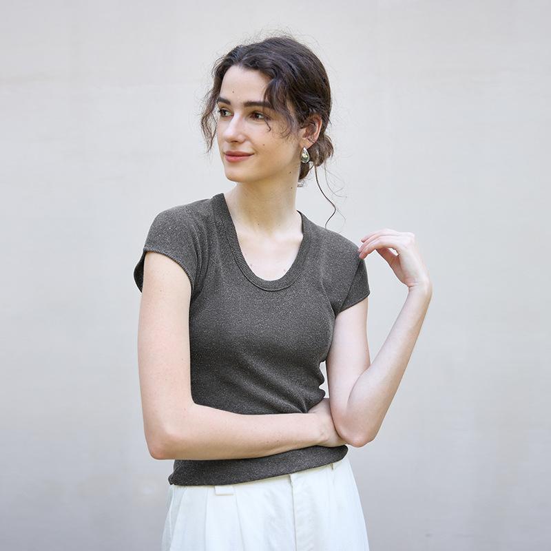 Spring and summer new round neck linen knitted slim-fitting short-sleeved women's high-end basic women's top t Lyocell T-shirt