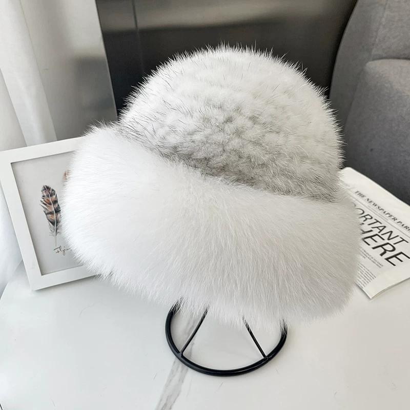 Mink Hair Woven Hat Women's Winter Korean Version Warm Ear Protection Fur Hat with Wide Fox Burr Edge Bucket Hat