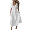 Women Dress V-neck Lace-up Short Sleeve High Waist Midi Dress Solid Color Flowy Hem Casual Dress Daily Wear