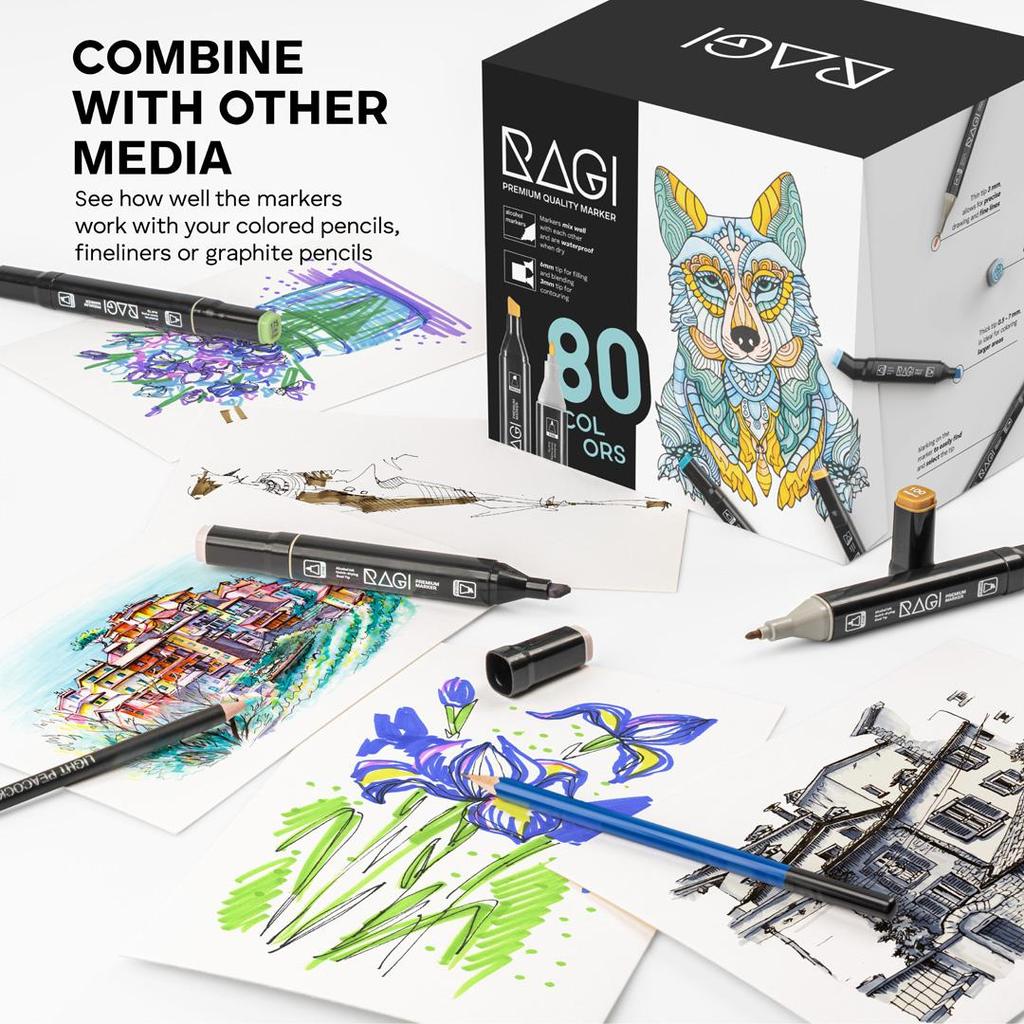 RAGI Pennarelli ad Alcool 80 Pennarelli fronte/retro, Doppia Punta, Set da Disegno Artistico Professionale