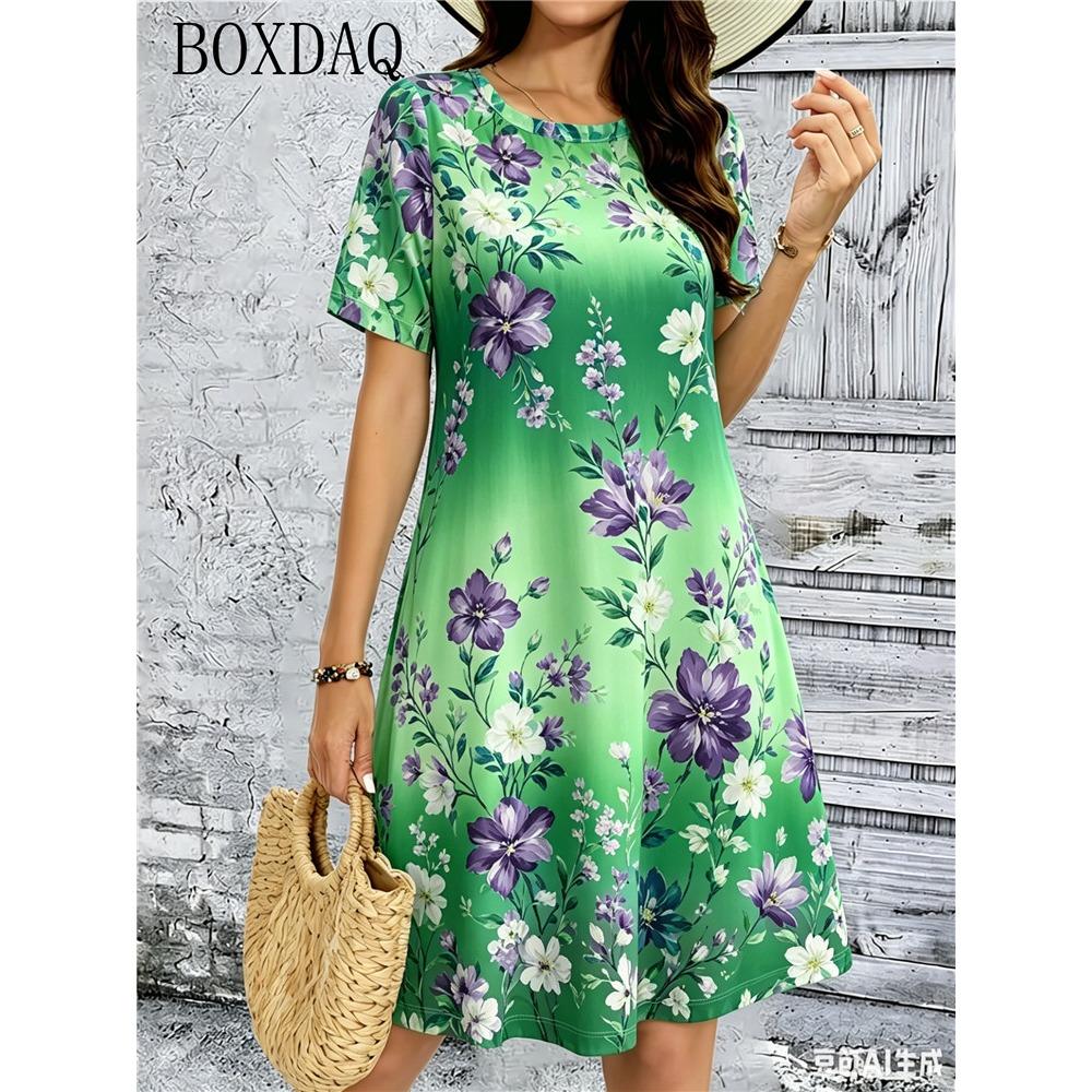 Women's Short Sleeved Round Neck Loose Summer Dress Fashionable Casual Flower Print Daily Dress New Women's Clothing