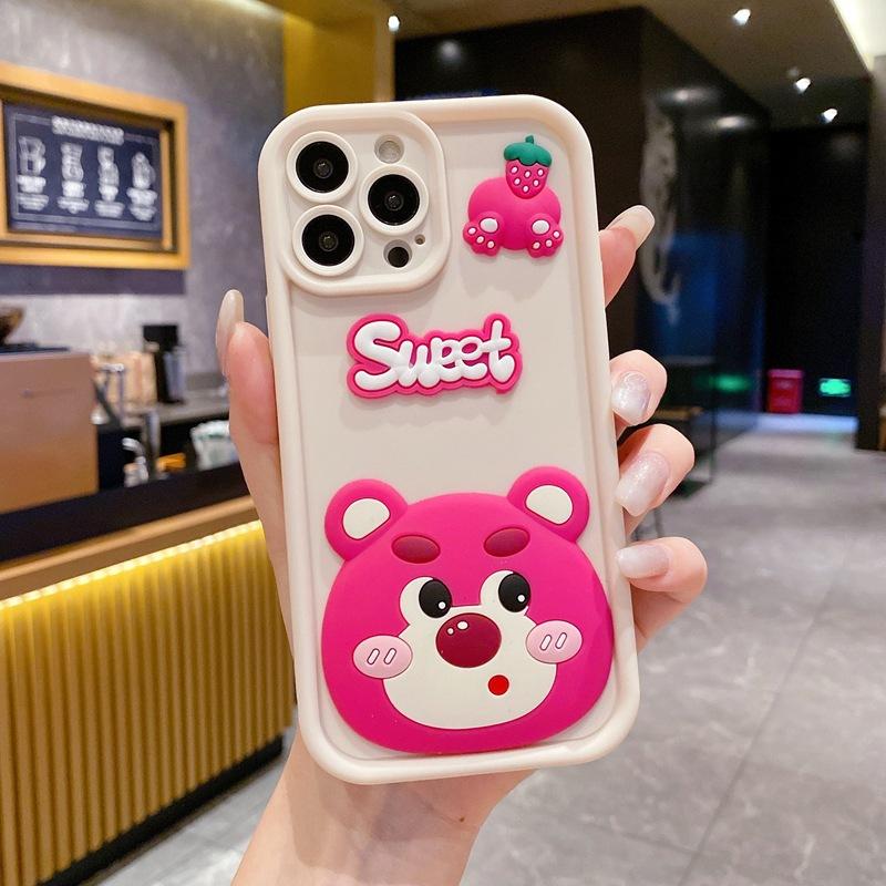 Applicable to Apple 15promax mobile phone case cute sweet strawberry bear iPhone16 women's 12 three-dimensional cartoon