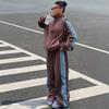 Womens Cotton Blend Colorblock Stripe Sporty 2-Piece Set With Stand Collar Zip-Up Cropped Jacket Wide-Leg Pants