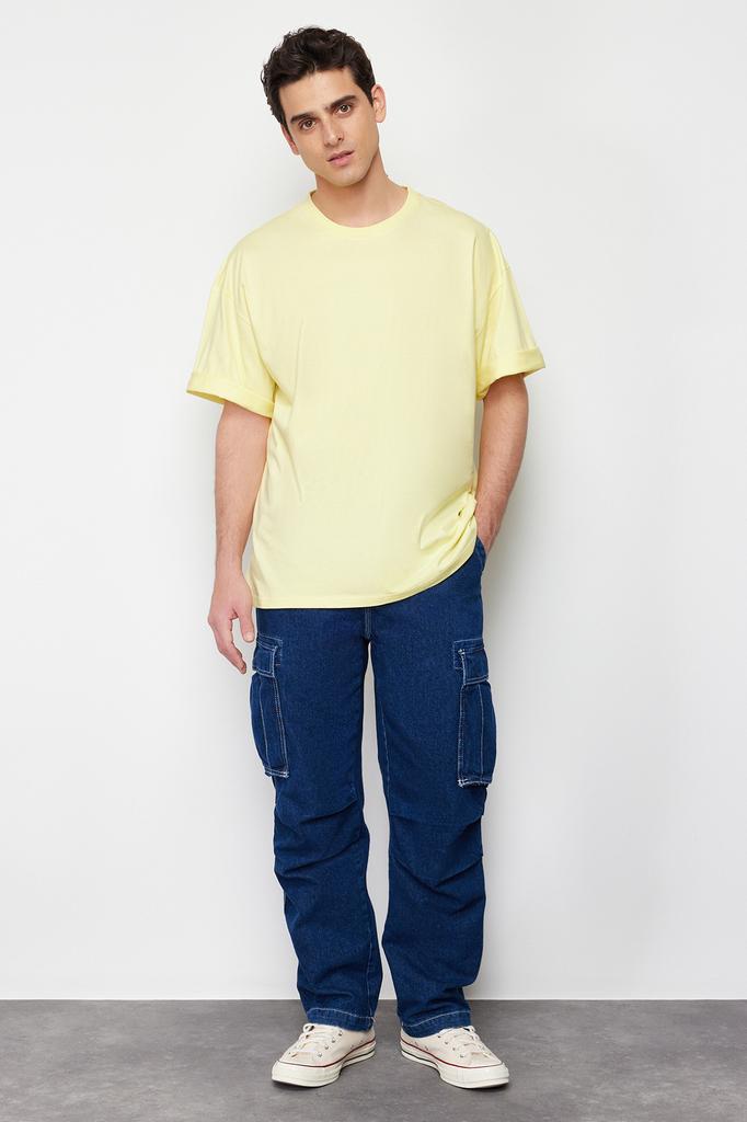 Men's Fashion T-Shirt Crew Neck Short Yellow Oversize Wide Cut Basic 100% Cotton T-Shirt