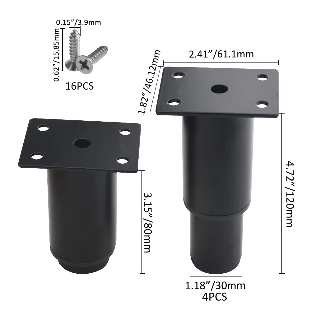 XINMEIWEN 4-Pack Metal Adjustable Furniture Legs, Cabinet Legs, Heavy-Duty Bed Center Frame Slat Support Legs for Table, Bed, Sofa (3''-4.7'', Black)