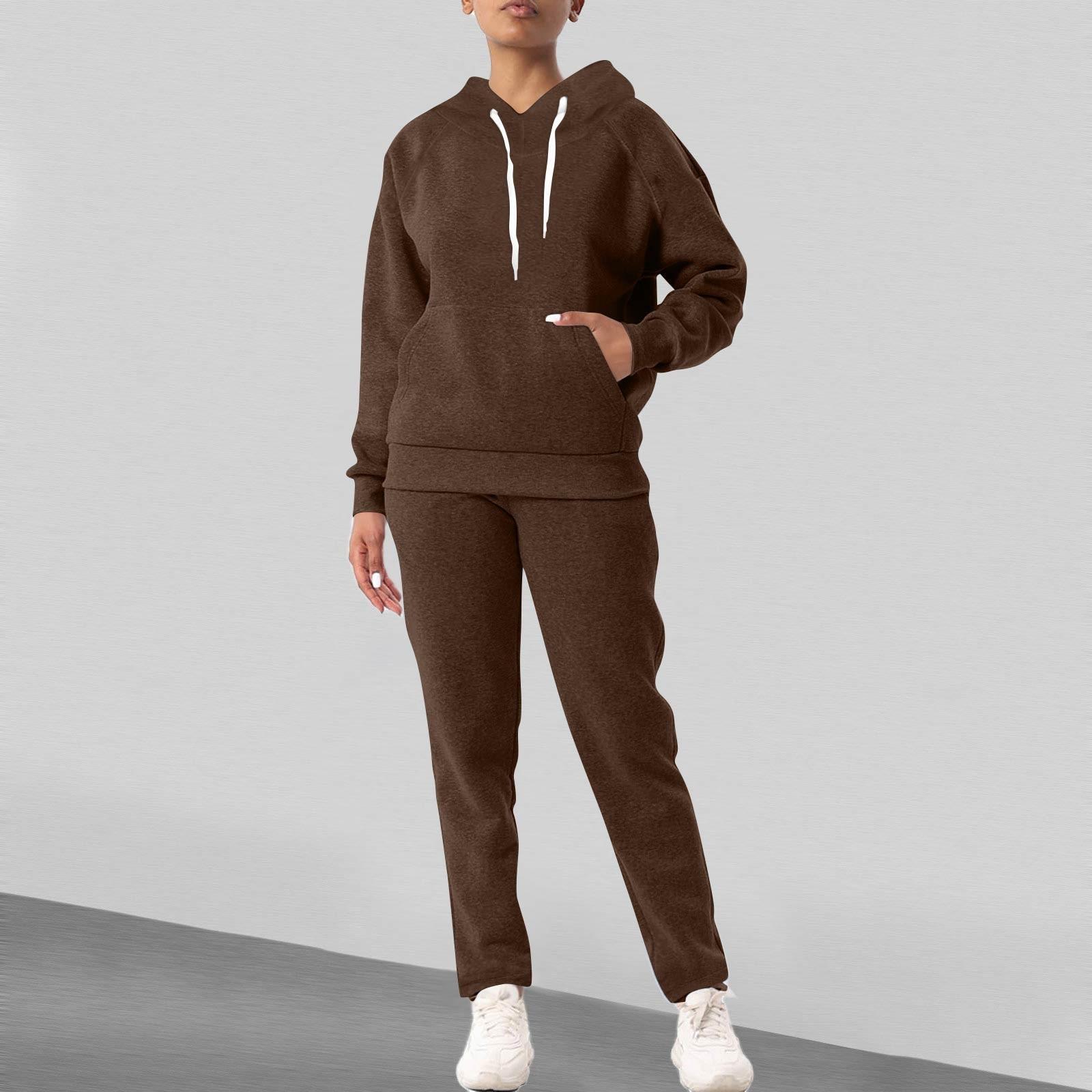 

Женская мода сплошной цвет с длинными рукавами и длинными брюками спортивный комплект из двух предметов L кофейный