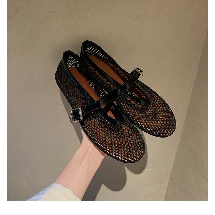 Cowhide Version~ Beautiful Mesh Leather Hollowed-out Mary Jane Single Shoes Women's Soft-soled Flats Sandals Fishing Net Shoes Ladyshoes